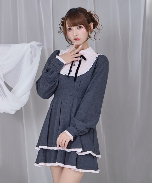 【Honey Cinnamon ハニシナ 】 ベロアリボン配色ヨークワンピース ベロアリボン配色ヨークワンピース（ワンピース）｜Honey Cinnamon