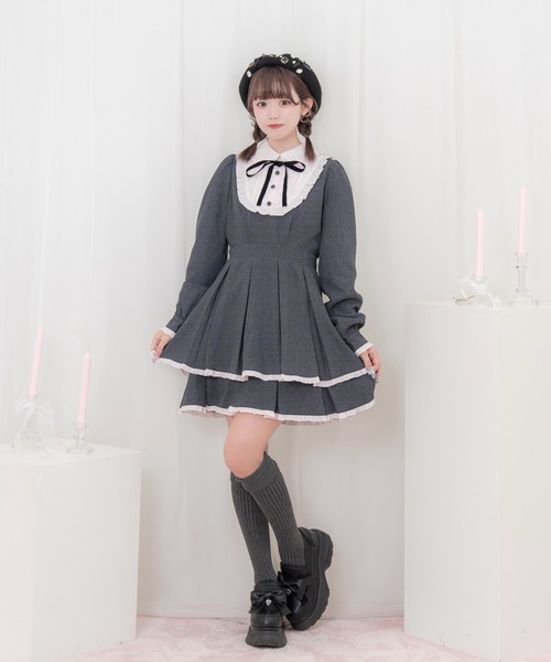 ベロアリボン配色ヨークワンピース（ワンピース）｜Honey Cinnamon