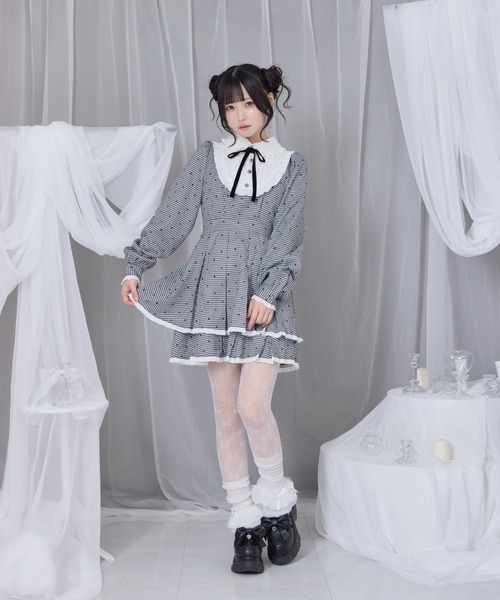 ベロアリボン配色ヨークワンピース（ワンピース）｜Honey Cinnamon