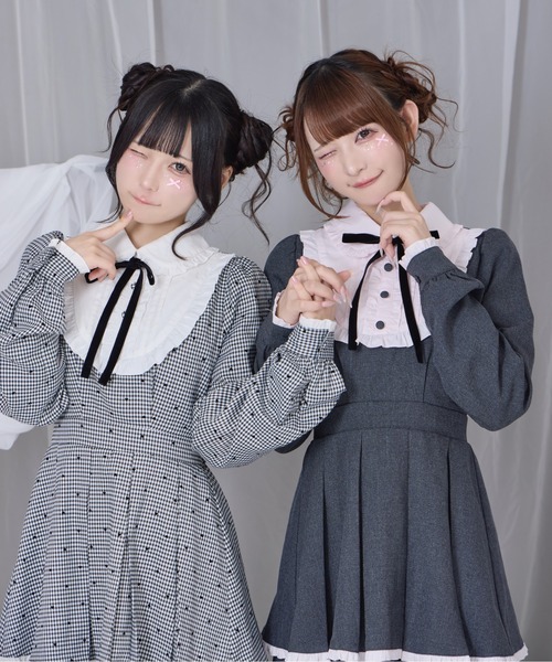 Honey Cinnamon(ハニーシナモン)の「ベロアリボン配色ヨークワンピース(ワンピース・レディース・ブラック/チェック・FREE)」の4枚目の写真