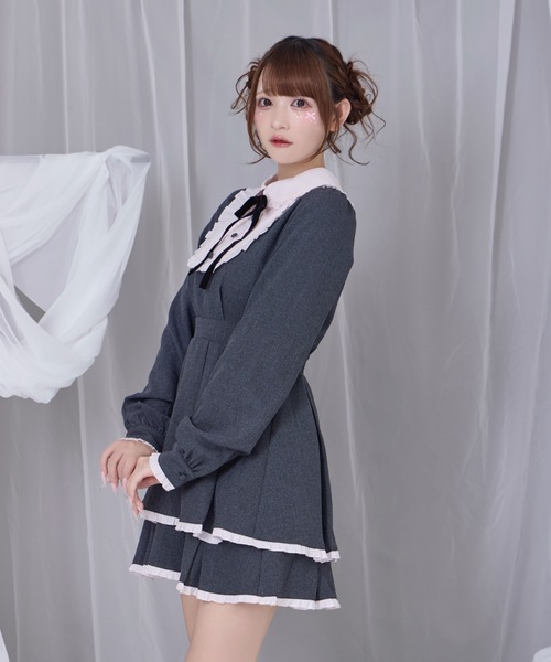 Honey Cinnamon(ハニーシナモン)の「ベロアリボン配色ヨークワンピース(ワンピース・レディース・ブラック/チェック・FREE)」の6枚目の写真