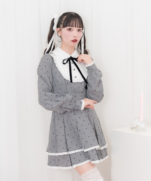 【Honey Cinnamon ハニシナ 】 ベロアリボン配色ヨークワンピース ベロアリボン配色ヨークワンピース（ワンピース）｜Honey Cinnamon