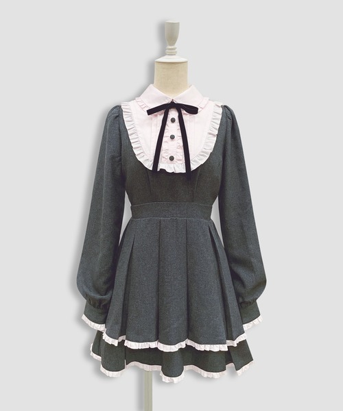 ベロアリボン配色ヨークワンピース（ワンピース）｜Honey Cinnamon