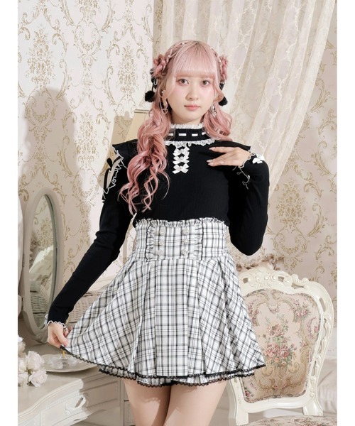 00s 希少 putumayo リボン異素材切り替えプリントフリルキャミ v系 キラキラリボンオープンショルダープチハイカットソー（Tシャツ