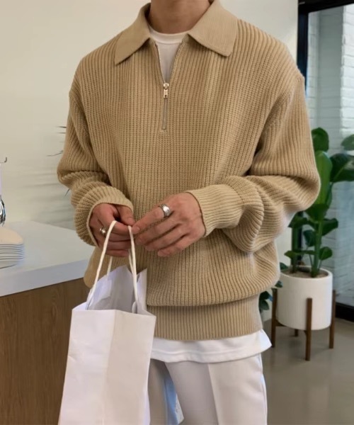 SHEPP(シープ)の「ルーズフィット ハーフジップアゼニットプルオーバー(ニット/セーター・メンズ・ベージュ/グレー/ブラック/ネイビー・M/L)」の1枚目の写真