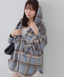 リボン付チェックフードシャツ