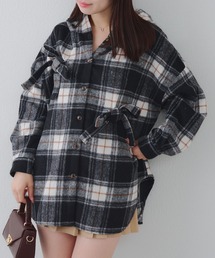 リボン付チェックフードシャツ
