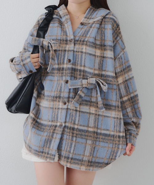 Another Branch olive des olive(アナザーブランチオリーブデオリーブ)の「リボン付チェックフードシャツ(シャツ/ブラウス・レディース・オフホワイト/ブラック/サックスブルー・FREE)」の16枚目の写真