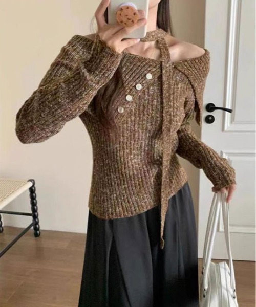 kirakiraShop(キラキラショップ)の「ミックスカラー ワンショルダー ニット(ニット/セーター・レディース・ブラック/ブラウン・FREE)」の2枚目の写真