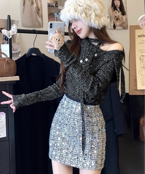 kirakiraShop(キラキラショップ)の「ミックスカラー ワンショルダー ニット(ニット/セーター・レディース・ブラック/ブラウン・FREE)」の9枚目の写真
