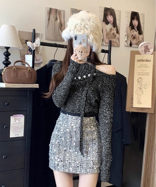 kirakiraShop(キラキラショップ)の「ミックスカラー ワンショルダー ニット(ニット/セーター・レディース・ブラック/ブラウン・FREE)」の10枚目の写真