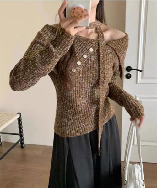 kirakiraShop(キラキラショップ)の「ミックスカラー ワンショルダー ニット(ニット/セーター・レディース・ブラック/ブラウン・FREE)」の3枚目の写真