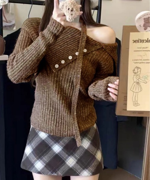 kirakiraShop(キラキラショップ)の「ミックスカラー ワンショルダー ニット(ニット/セーター・レディース・ブラック/ブラウン・FREE)」の13枚目の写真