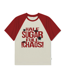 ハーフシュガーフルカオスプリントラグラン配色半袖Tシャツレッド