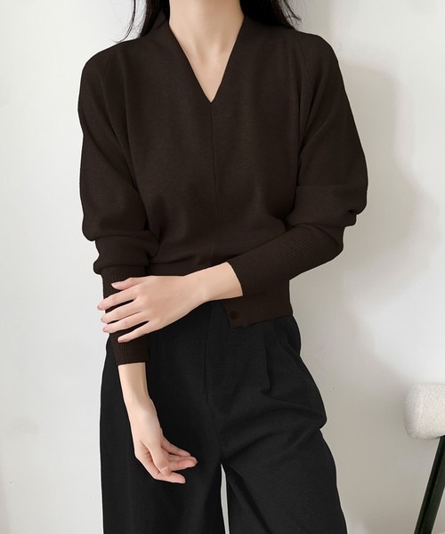 LOWO(ロワ)の「Vネック ニット 長袖 レディース プルオーバー 秋冬(ニット/セーター・レディース・ブラウン/ベージュ/ネイビー/チャコールグレー/アイボリー/ブラック・FREE)」の1枚目の写真