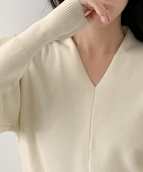 LOWO(ロワ)の「Vネック ニット 長袖 レディース プルオーバー 秋冬(ニット/セーター・レディース・ブラウン/ベージュ/ネイビー/チャコールグレー/アイボリー/ブラック・FREE)」の14枚目の写真