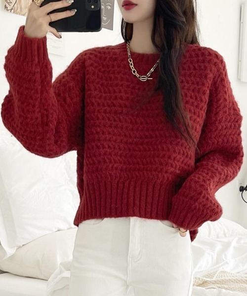 Flugge（フラッジー）の「ざっくり編みショートニット（ニット/セーター・レディース・アイボリー/ブルー/レッド・LARGE/MEDIUM）」の3枚目の写真