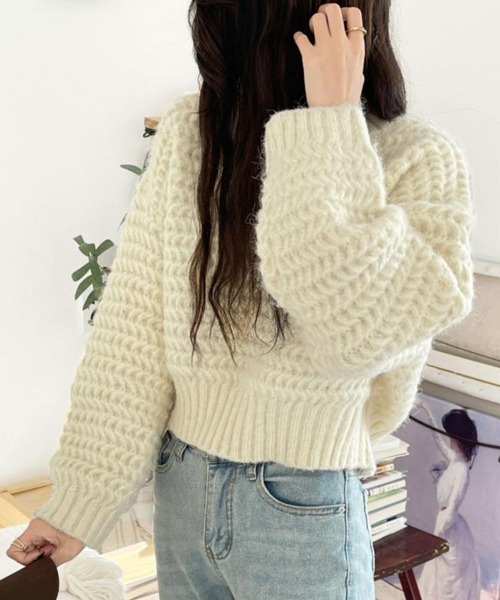 Flugge（フラッジー）の「ざっくり編みショートニット（ニット/セーター・レディース・アイボリー/ブルー/レッド・LARGE/MEDIUM）」の7枚目の写真