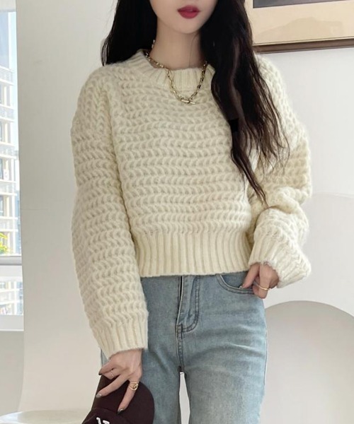 Flugge（フラッジー）の「ざっくり編みショートニット（ニット/セーター・レディース・アイボリー/ブルー/レッド・LARGE/MEDIUM）」の13枚目の写真