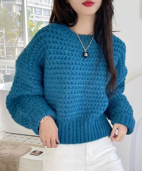 Flugge（フラッジー）の「ざっくり編みショートニット（ニット/セーター・レディース・アイボリー/ブルー/レッド・LARGE/MEDIUM）」の14枚目の写真