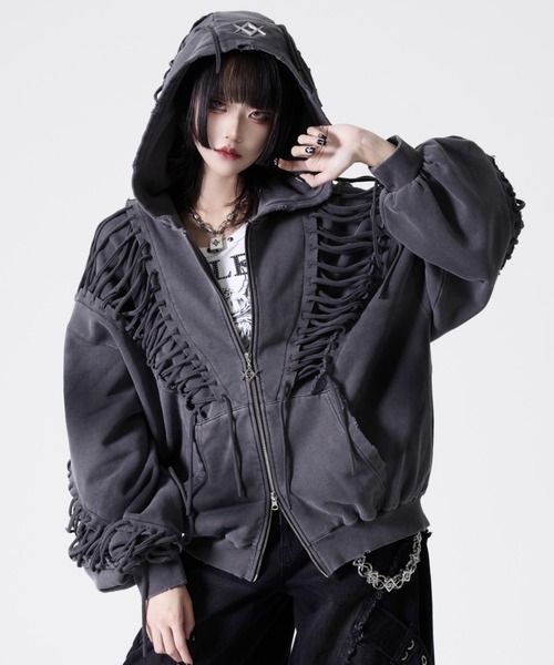 REFLEM【レフレム】レースアップグランジジップパーカー　ブラック REFLEM/レフレム』レースアップグランジZIPパーカー/ジップパーカー