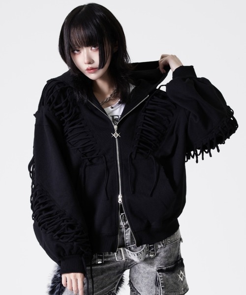 REFLEM【レフレム】レースアップグランジジップパーカー　ブラック REFLEM/レフレム』レースアップグランジZIPパーカー/ジップパーカー