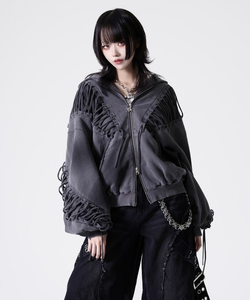 REFLEM【レフレム】レースアップグランジジップパーカー　ブラック REFLEM/レフレム』レースアップグランジZIPパーカー/ジップパーカー