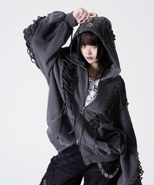 REFLEM【レフレム】レースアップグランジジップパーカー　ブラック REFLEM/レフレム』レースアップグランジZIPパーカー/ジップパーカー
