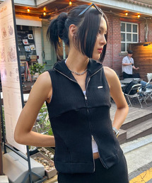 Law Guage Rib Zip Up Sleeveless Black
