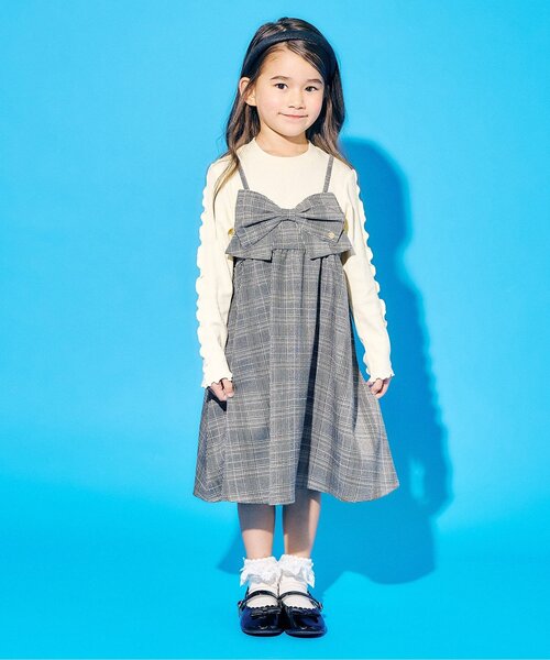 Seraph（セラフ）の「ドッキングリボンワンピース_ジュニア対応（ワンピース・キッズ・チェック/インディゴブルー/オフホワイト・80/90/100/110/120/130/140）」の4枚目の写真