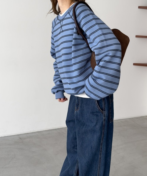 CANAL JEAN（キャナルジーン）の「El mar　ラグランボーダートレーナー（スウェット・レディース・グレー/ブルー・ONE SIZE）」の3枚目の写真