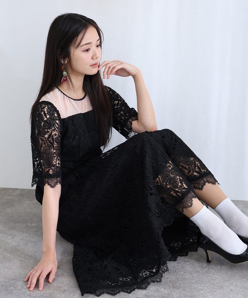 ロング&七分袖フォーマルケミカルレースドレスセレモニー結婚式二次会