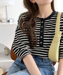 classicalelf（クラシカルエルフ）の「大人の抜け感。ボーダー柄ワッフル素材ヘンリーネックオーバーサイズプルオーバー(半袖)（Tシャツ/カットソー）」