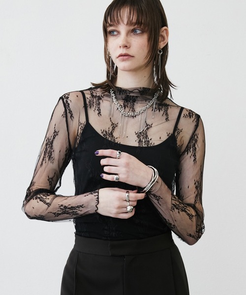 MONOe(モノエ)の「【1枚でも映える】ハイネックレースシアートップス(Tシャツ/カットソー・レディース・パープル/ライトグレー/ホワイト/ボルドー/ブラック・FREE)」の19枚目の写真