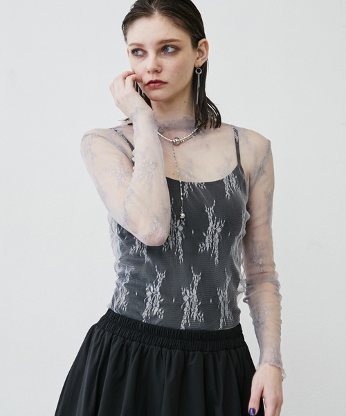 MONOe(モノエ)の「【1枚でも映える】ハイネックレースシアートップス(Tシャツ/カットソー・レディース・パープル/ライトグレー/ホワイト/ボルドー/ブラック・FREE)」の8枚目の写真