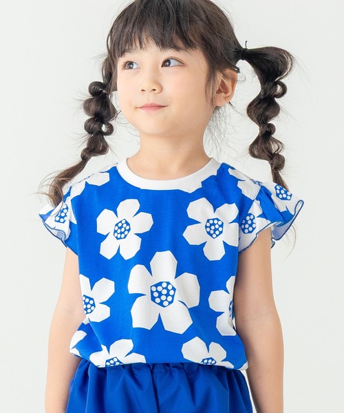 SUNDAYS SUN(サンデイズ サン)の「【綿混/袖フリル】選べる4柄 アソートプリントTシャツ(花柄/チェック/お揃いリンク)(Tシャツ/カットソー・キッズ・レッド/イエロー/ブルー/ブラック・110/100/90/130/120)」の1枚目の写真