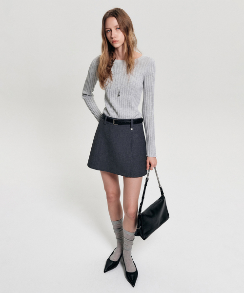 レイボートネックスリムニット_ライトグレー