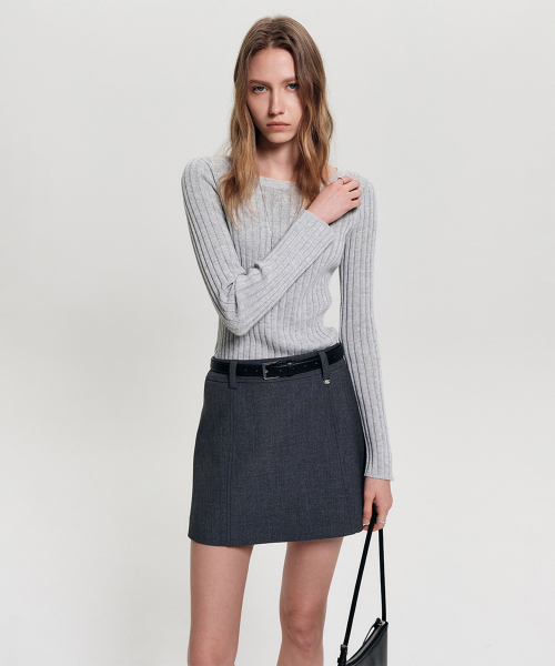 レイボートネックスリムニット_ライトグレー