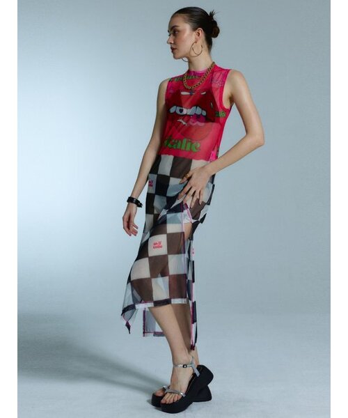 MESH CHECKER BOARD DRESS BLACK