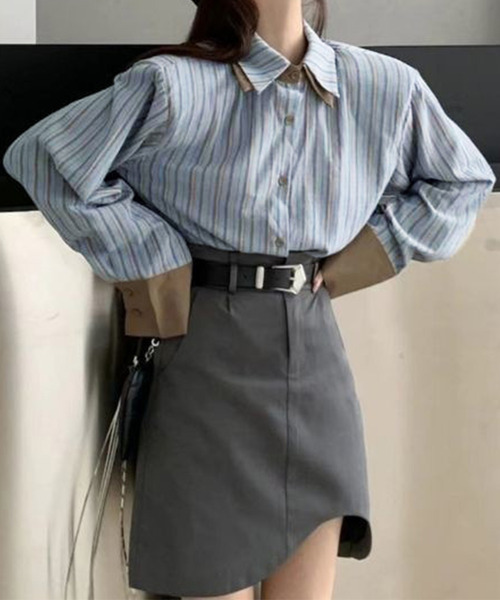 DAY CLOSET(デイ クローゼット)の「【2WAY羽織りとしても】長袖 ダブルカラー ストライプ柄 開襟シャツ レディース(シャツ/ブラウス・レディース・ブルー系その他・M)」の4枚目の写真