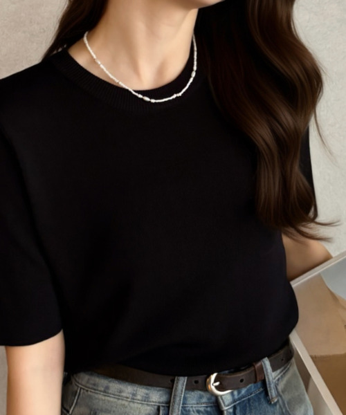 Eclat one（エクラワン）の「【Eclat one】シンプル クルーネック 半袖 ニットTシャツ（Tシャツ/カットソー・レディース・アイボリー/ブラック/チャコール/ピンク・FREE）」の3枚目の写真