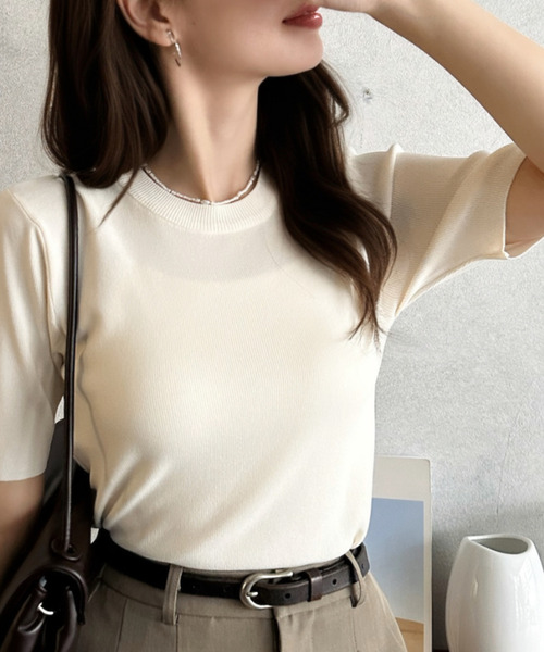 Eclat one（エクラワン）の「【Eclat one】シンプル クルーネック 半袖 ニットTシャツ（Tシャツ/カットソー・レディース・アイボリー/ブラック/チャコール/ピンク・FREE）」の11枚目の写真