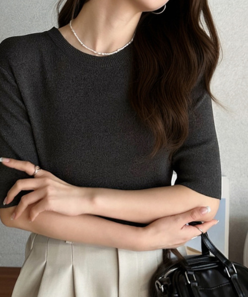 Eclat one（エクラワン）の「【Eclat one】シンプル クルーネック 半袖 ニットTシャツ（Tシャツ/カットソー・レディース・アイボリー/ブラック/チャコール/ピンク・FREE）」の13枚目の写真