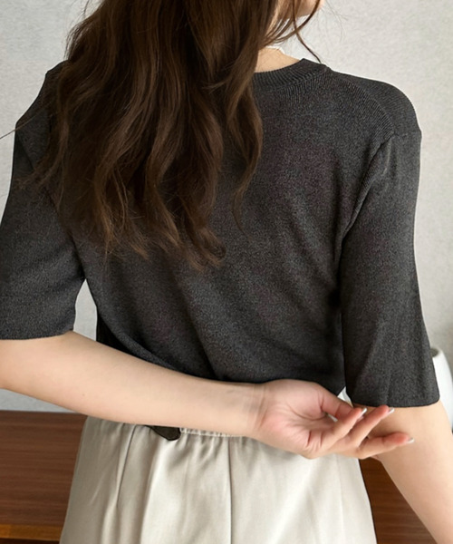 Eclat one（エクラワン）の「【Eclat one】シンプル クルーネック 半袖 ニットTシャツ（Tシャツ/カットソー・レディース・アイボリー/ブラック/チャコール/ピンク・FREE）」の14枚目の写真