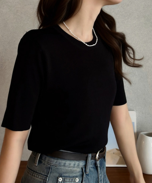 Eclat one（エクラワン）の「【Eclat one】シンプル クルーネック 半袖 ニットTシャツ（Tシャツ/カットソー・レディース・アイボリー/ブラック/チャコール/ピンク・FREE）」の22枚目の写真