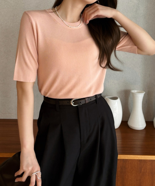 Eclat one（エクラワン）の「【Eclat one】シンプル クルーネック 半袖 ニットTシャツ（Tシャツ/カットソー・レディース・アイボリー/ブラック/チャコール/ピンク・FREE）」の18枚目の写真