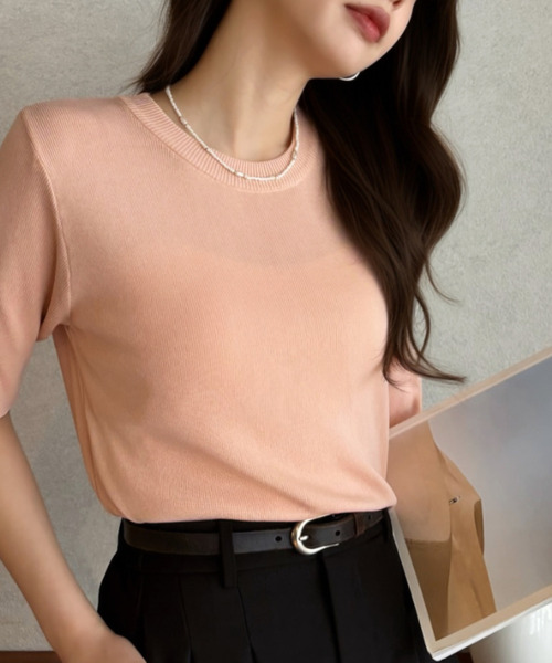 Eclat one（エクラワン）の「【Eclat one】シンプル クルーネック 半袖 ニットTシャツ（Tシャツ/カットソー・レディース・アイボリー/ブラック/チャコール/ピンク・FREE）」の20枚目の写真