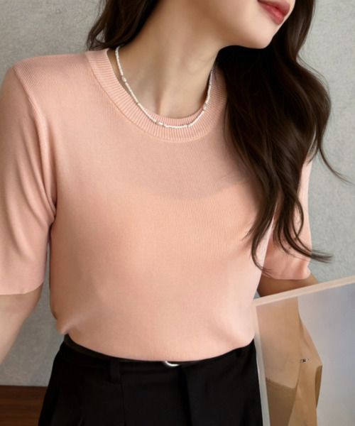 Eclat one（エクラワン）の「【Eclat one】シンプル クルーネック 半袖 ニットTシャツ（Tシャツ/カットソー・レディース・アイボリー/ブラック/チャコール/ピンク・FREE）」の21枚目の写真