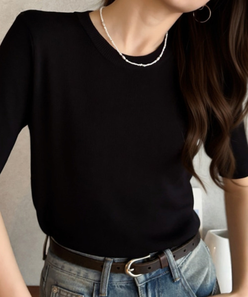 Eclat one（エクラワン）の「【Eclat one】シンプル クルーネック 半袖 ニットTシャツ（Tシャツ/カットソー・レディース・アイボリー/ブラック/チャコール/ピンク・FREE）」の5枚目の写真
