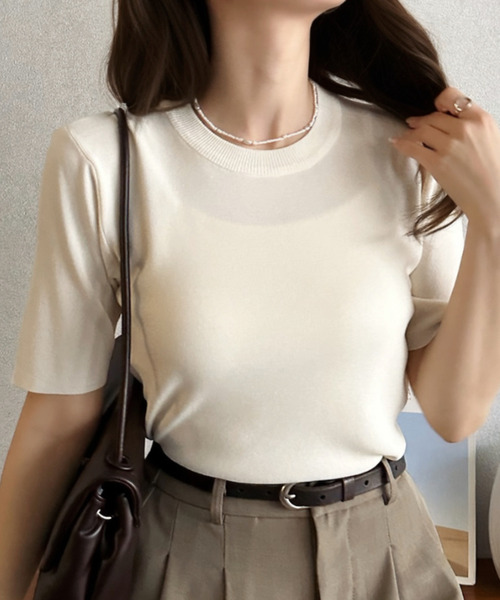 Eclat one（エクラワン）の「【Eclat one】シンプル クルーネック 半袖 ニットTシャツ（Tシャツ/カットソー・レディース・アイボリー/ブラック/チャコール/ピンク・FREE）」の6枚目の写真